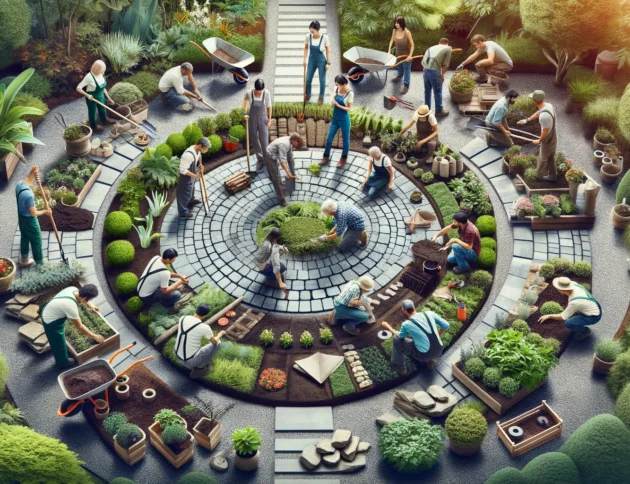 DALL·E 2024-06-02 22.02.46 - Create a wide image of a team of landscapers at work in a lush garden setting. The team, consisting of diverse professionals, is actively engaged in v