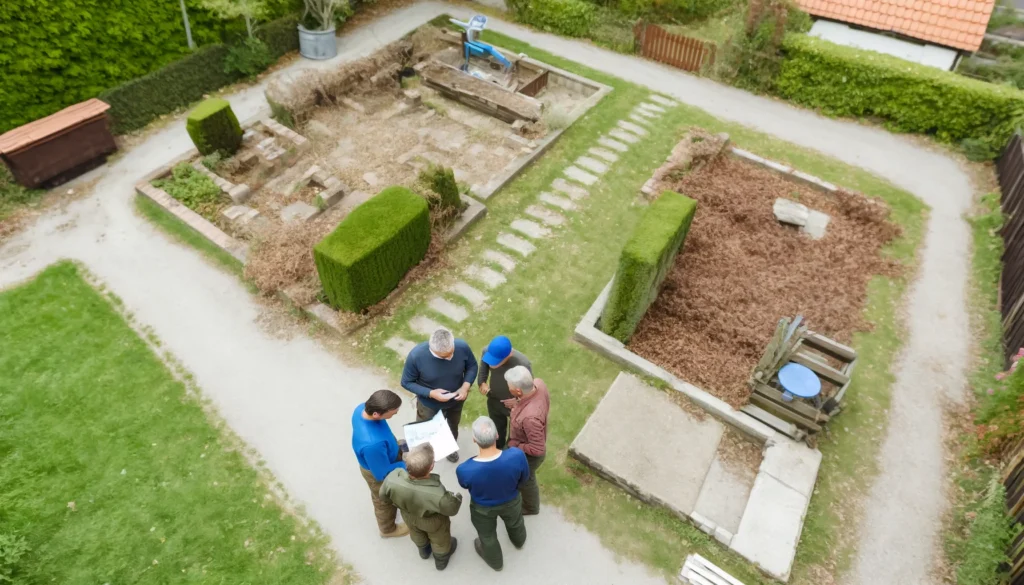 DALL·E 2024-06-02 22.51.46 - Create an engaging aerial or wide shot image of a team of landscapers discussing plans on a site with noticeable old landscaping features. The team sh