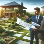 DALL·E 2024-06-02 21.05.14 - An image depicting a professional landscape designer in discussion with a client, pointing at specific features in a beautifully landscaped yard. The