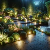 DALL·E 2024-06-02 21.52.02 - Create a realistic image of a garden at twilight with elegant landscape lighting illuminating a variety of lush plants, flowers, and a gently flowing