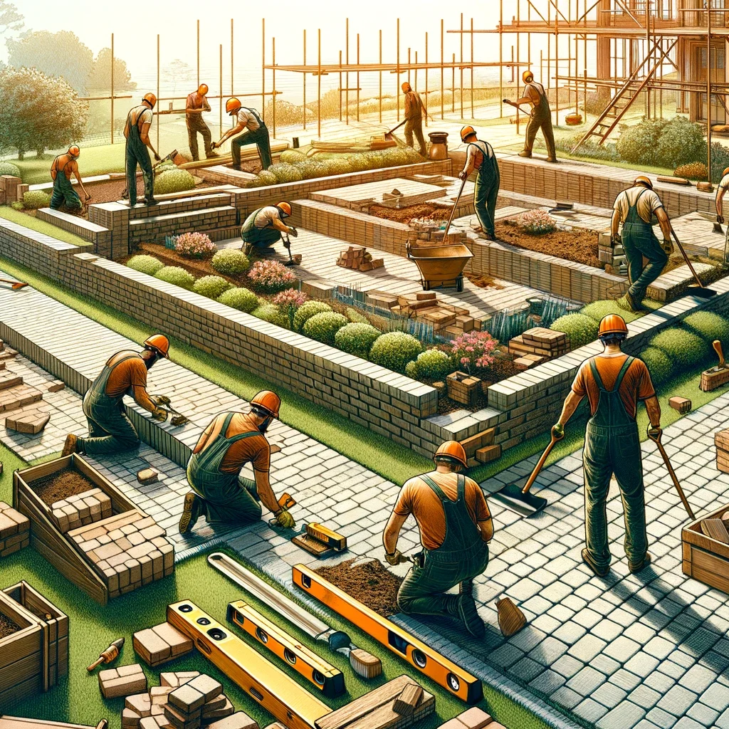 DALL·E 2024-06-02 22.36.48 - Create an image depicting the construction of hardscapes in a landscaping project. The scene shows a team of landscapers working on laying pavers and