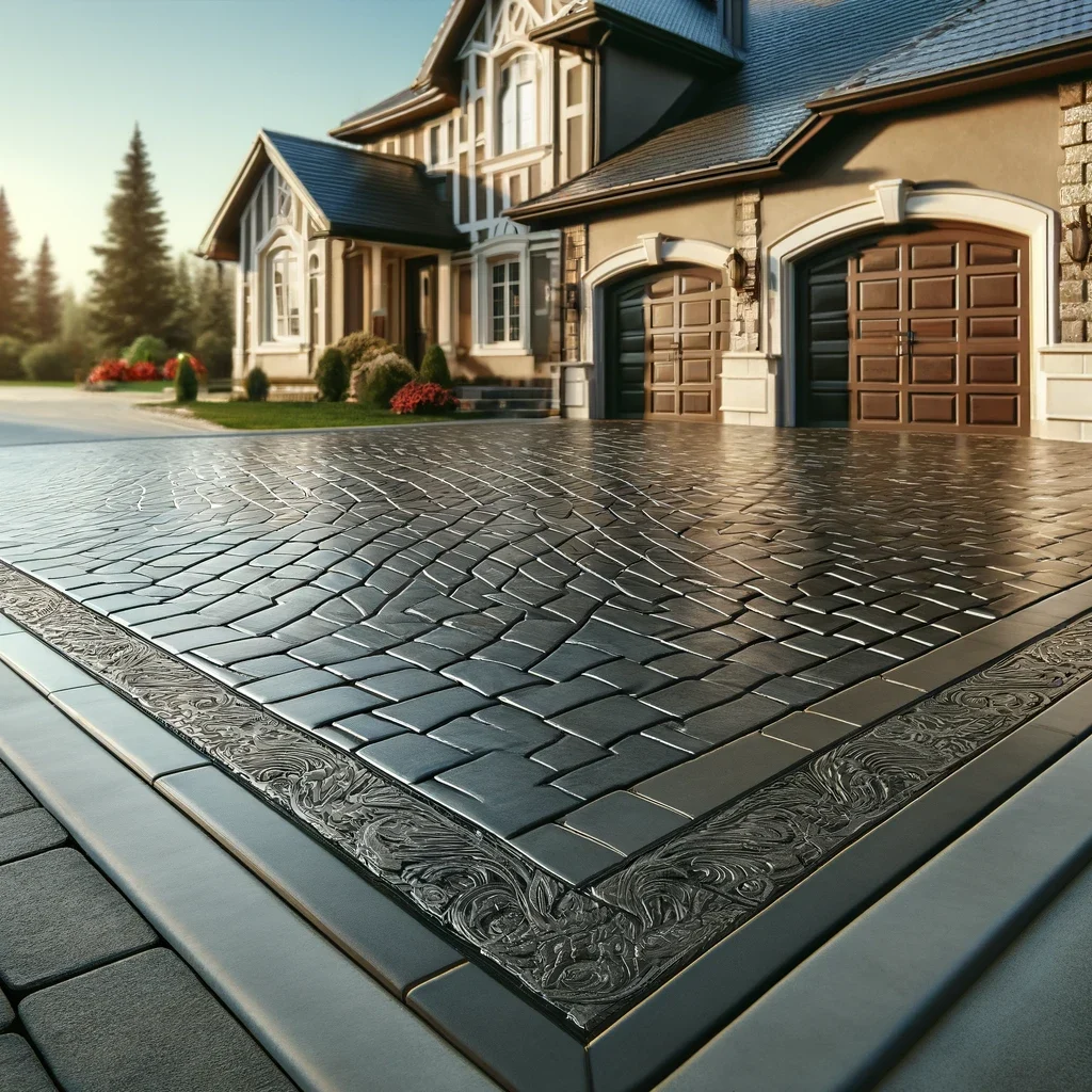 DALL·E 2024-06-03 16.42.17 - Create an image of a newly poured concrete driveway with a high-gloss finish, featuring a stamped pattern that mimics cobblestones or bricks. The driv